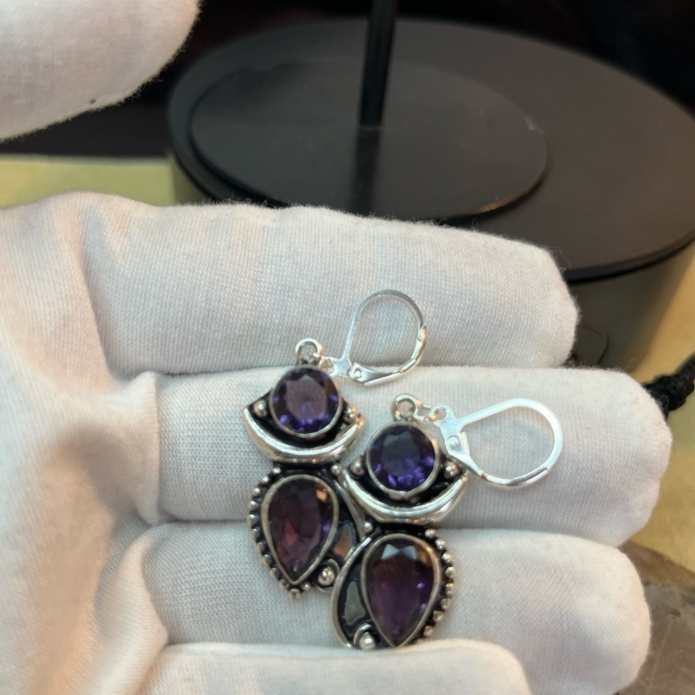 Sterling Silver Amethyst Drop Earrings - Purple Teardrop Dangle - Picture 7 of 8
